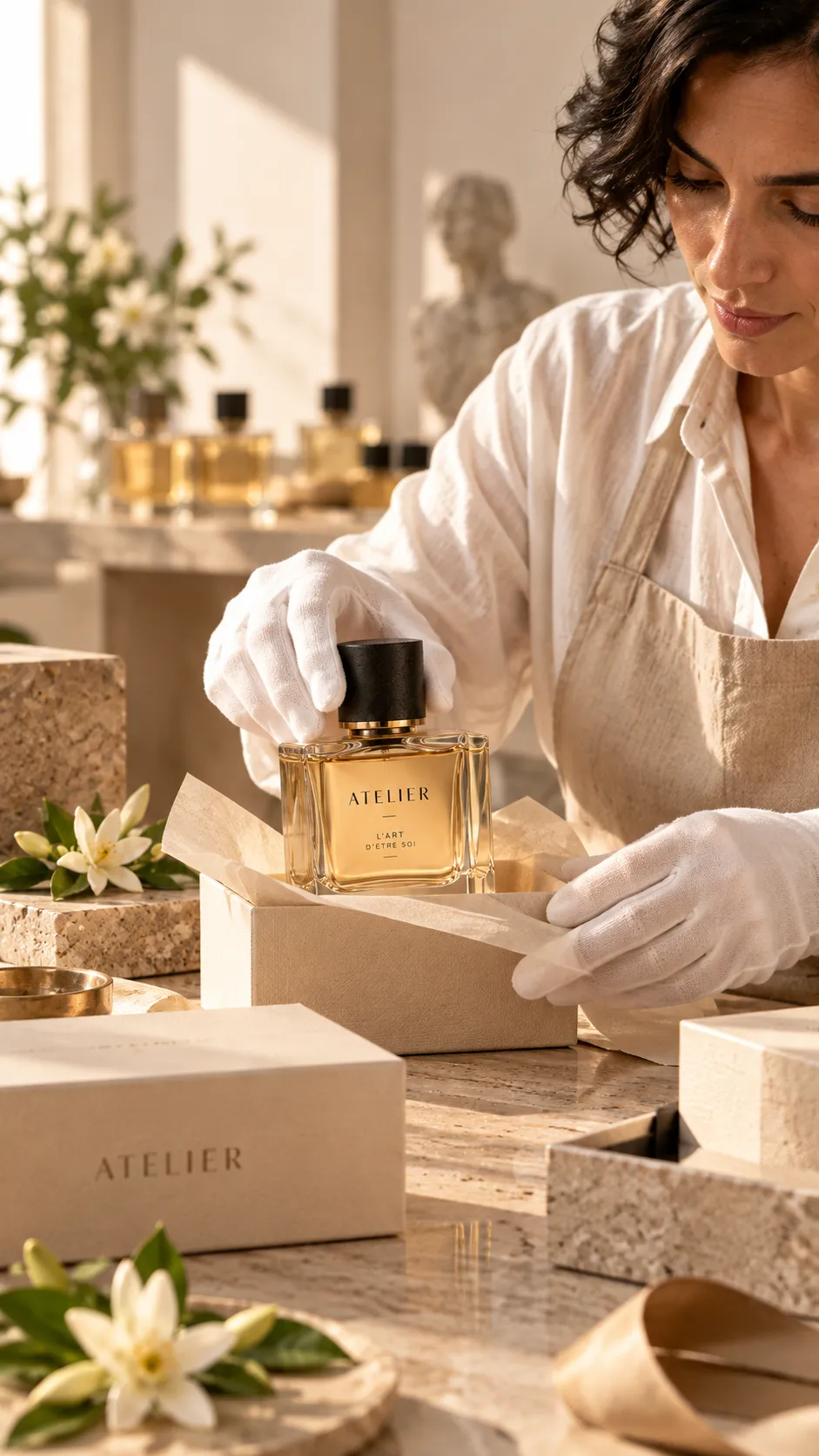 Préparatrice gantée emballant un flacon ATELIER dans un coffret, en atelier. Étude créative générée